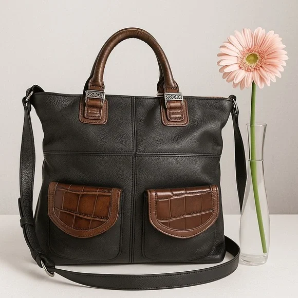 Brighton Black & Brown Leather Tote Bag with Silver Hardware - Picture 2 of 8